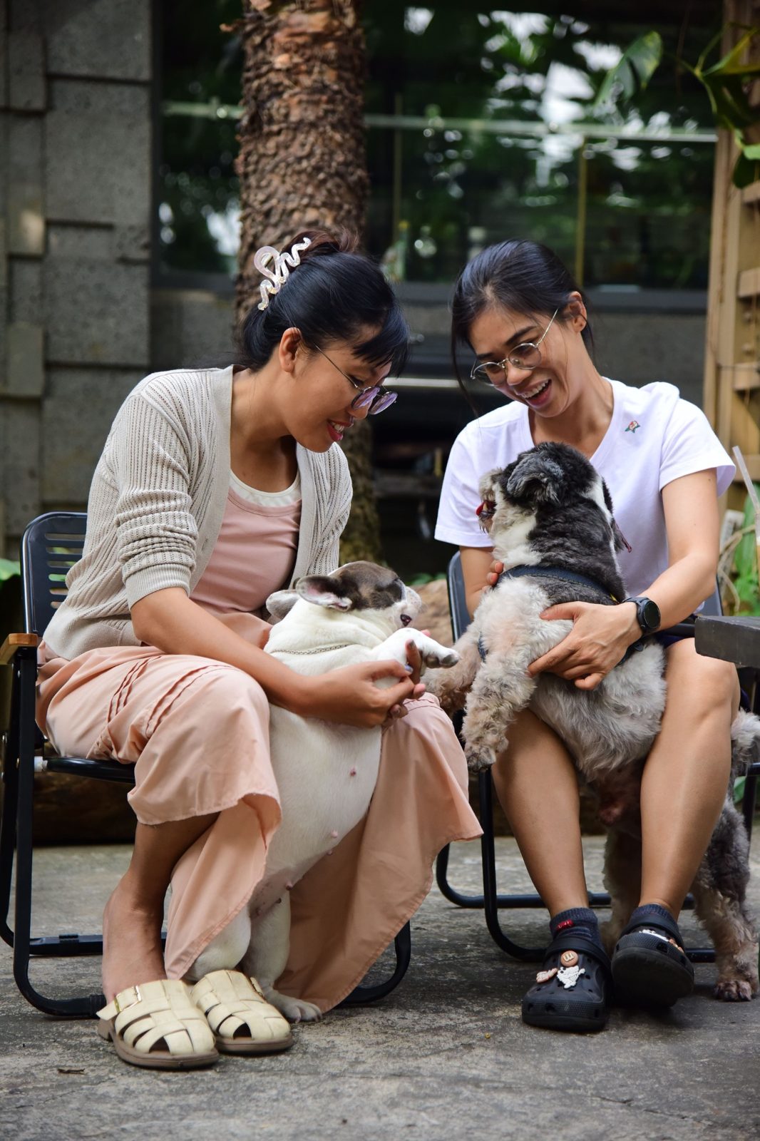 Two people smiling while caring for dogs