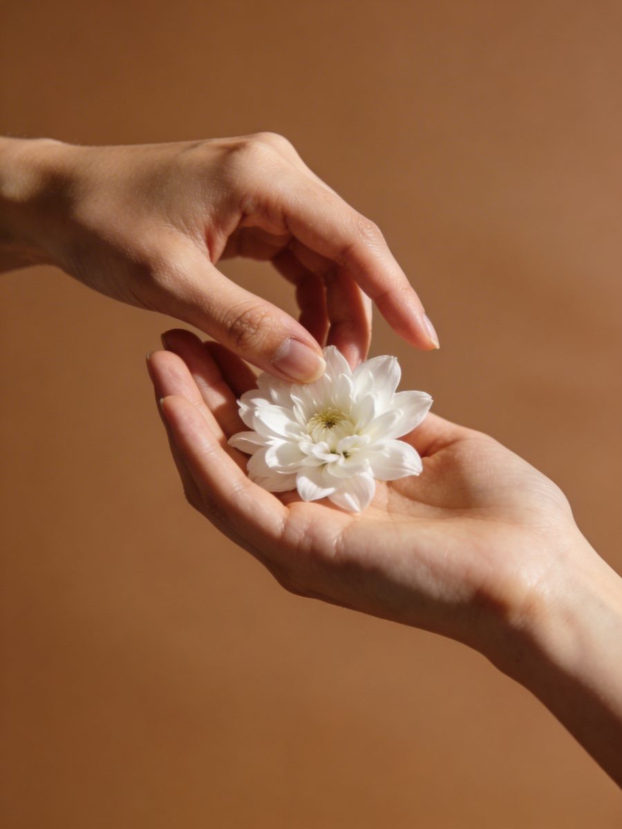 Hands gently holding a white flower
