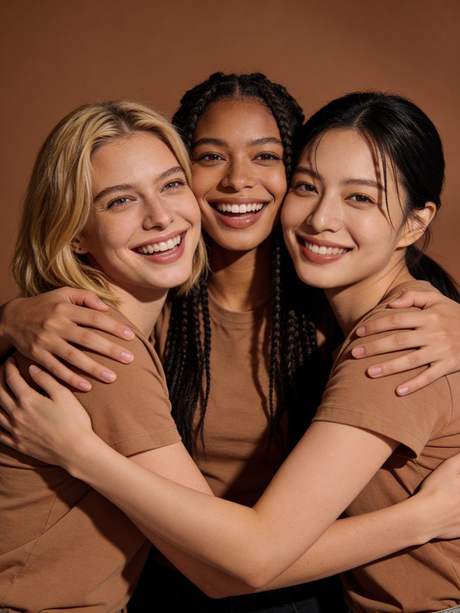 Three people smiling and embracing